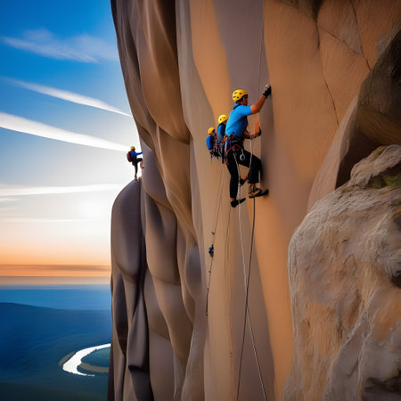 Mountaineers climb with ropes on a steep slopeの素材