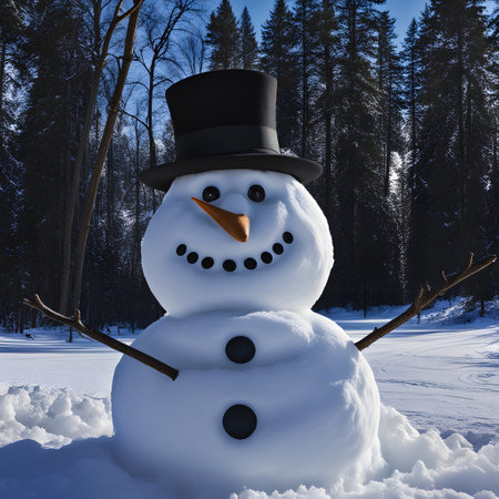 funny snowman stands alone in the landscapeの素材