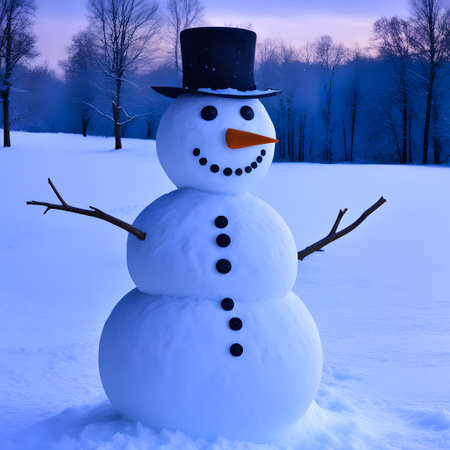 funny snowman stands alone in the landscapeの素材