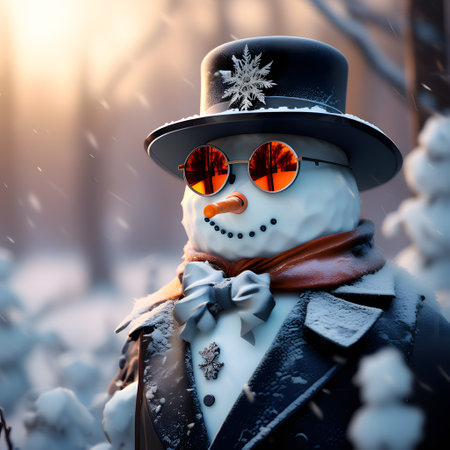 funny snowman stands alone in the landscapeの素材