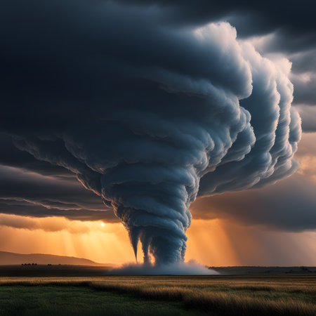 a huge tornado sweeps across the countryの素材