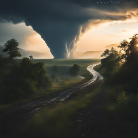 a huge tornado sweeps across the countryの素材