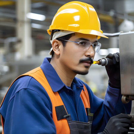 Factory worker with helmet in safety clothingの素材