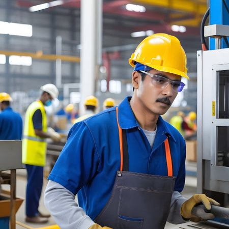 Factory worker with helmet in safety clothingの素材