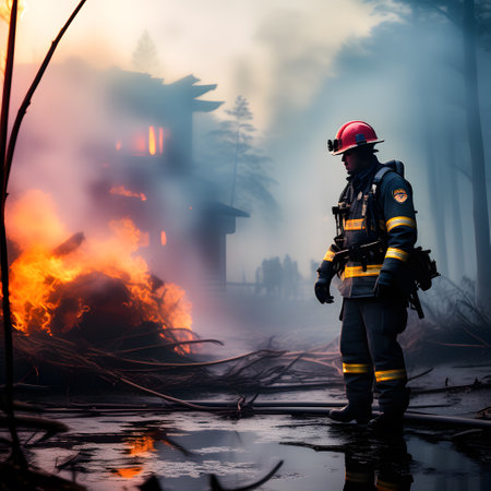 Fire brigade with fire engines at the scene of the fire to fight the fireの素材