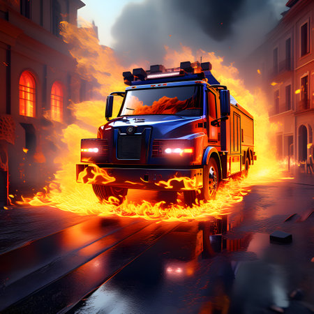 Fire brigade with fire engines at the scene of the fire to fight the fireの素材