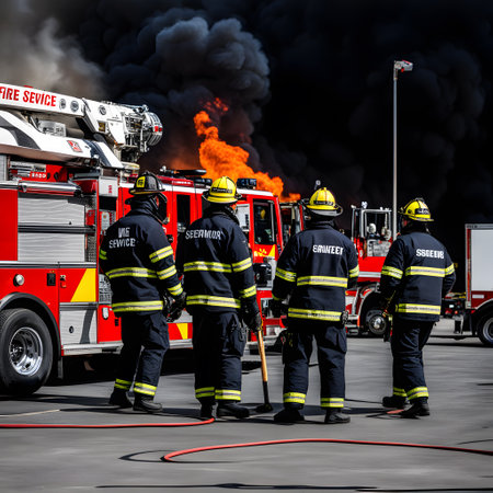 Fire brigade with fire engines at the scene of the fire to fight the fireの素材