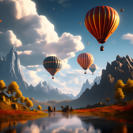 Colorful hot air balloons float in the air for new adventuresの素材