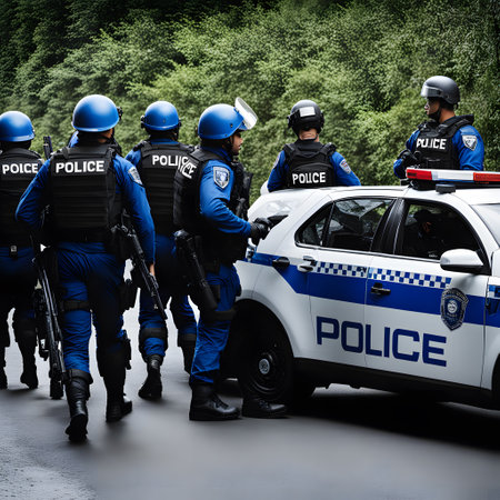 Large police operation with many police vehiclesの素材