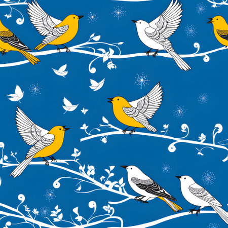 colorful trilling songbirds fly through the skyの素材