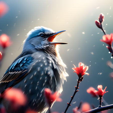 colorful trilling songbirds fly through the skyの素材