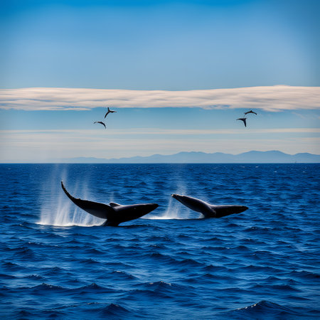 Gray whales swim through the seas in search of foodの素材