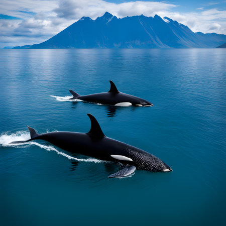 Gray whales swim through the seas in search of foodの素材