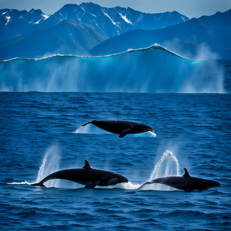 Gray whales swim through the seas in search of foodの素材
