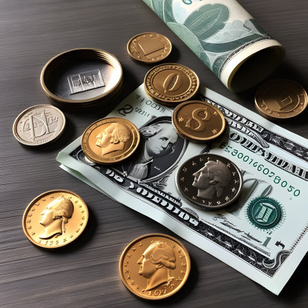 Money coins and bills in a pileの素材