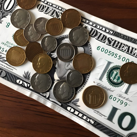 Money coins and bills in a pileの素材