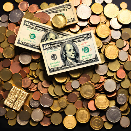 Money coins and bills in a pileの素材