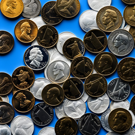 Money coins and bills in a pileの素材