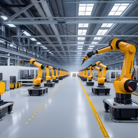 industrial robot works alone in a great factoryの素材