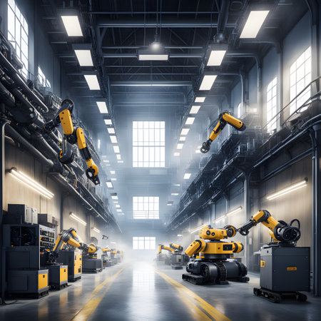 industrial robot works alone in a great factoryの素材