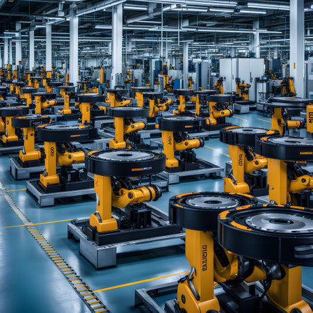 industrial robot works alone in a great factoryの素材