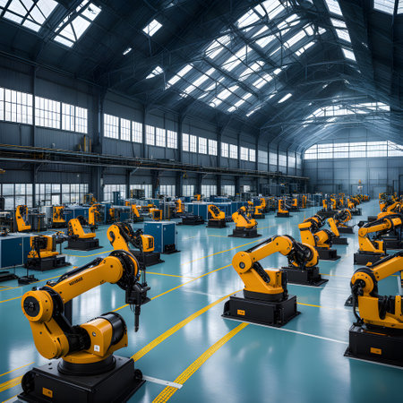 industrial robot works alone in a great factoryの素材