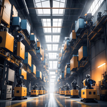 industrial robot works alone in a great factoryの素材