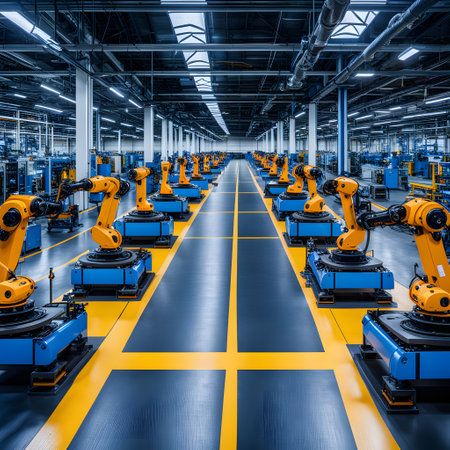 industrial robot works alone in a great factoryの素材
