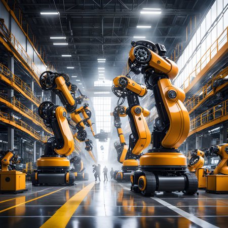 industrial robot works alone in a great factoryの素材