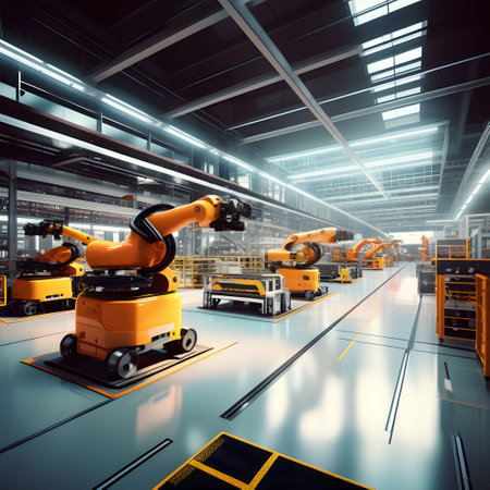 industrial robot works alone in a great factoryの素材