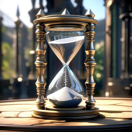 Glass hourglass shows how time fliesの素材