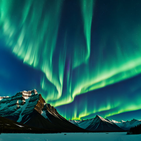 Green violet polar lights dance in the Nordic skyの素材