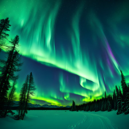 Green violet polar lights dance in the Nordic skyの素材
