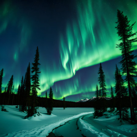Green violet polar lights dance in the Nordic skyの素材