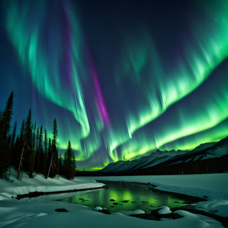 Green violet polar lights dance in the Nordic skyの素材