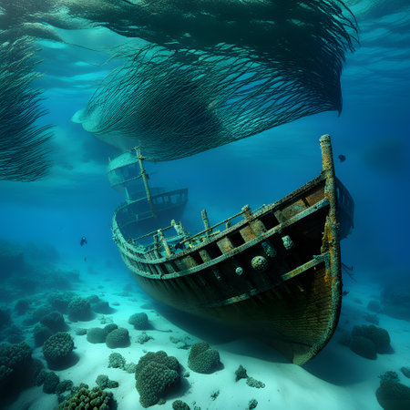 old antique ship wrecks in seaの素材