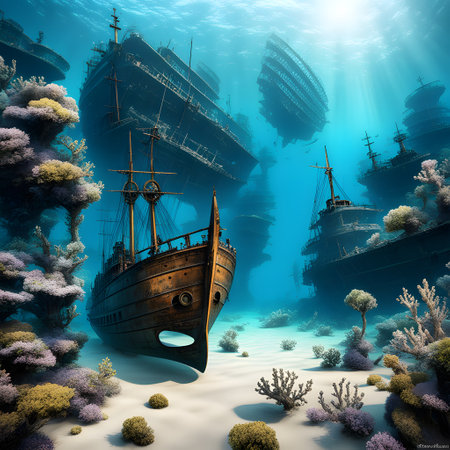 old antique ship wrecks in seaの素材
