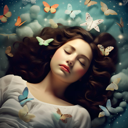 Happy and relaxed person sleeping and dreaming in bedの素材