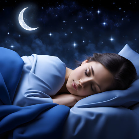 Happy and relaxed person sleeping and dreaming in bedの素材