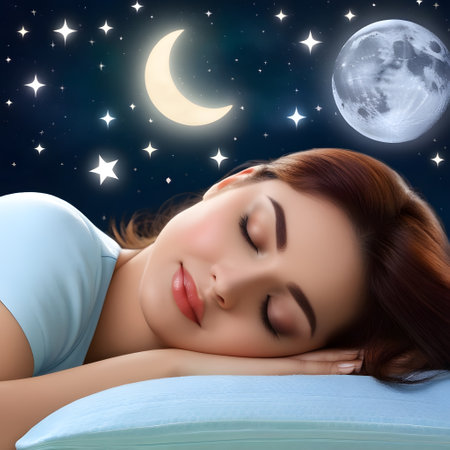 Happy and relaxed person sleeping and dreaming in bedの素材