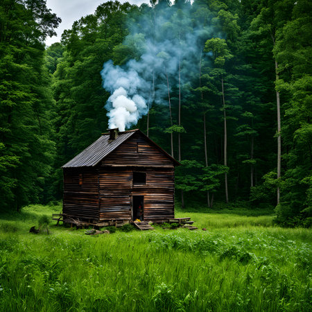 Smokehouse with fire and food in natureの素材