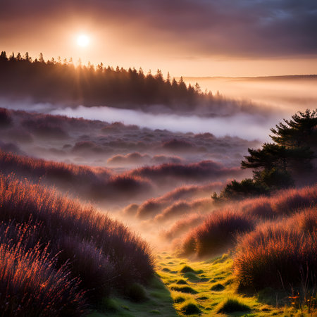 The morning mist moves mystically through the enchanted moorの素材