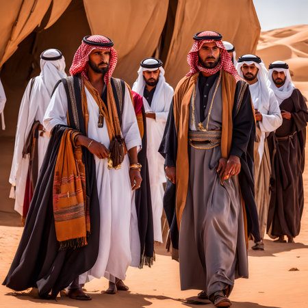 Bedouins in typical clothing in the desertの素材