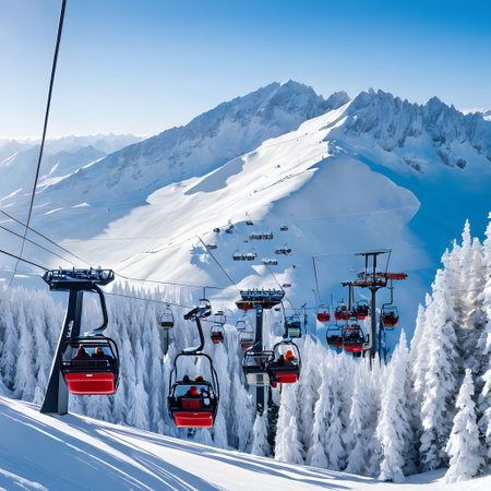 The ski lift floats over the mountains to transport touristsの素材