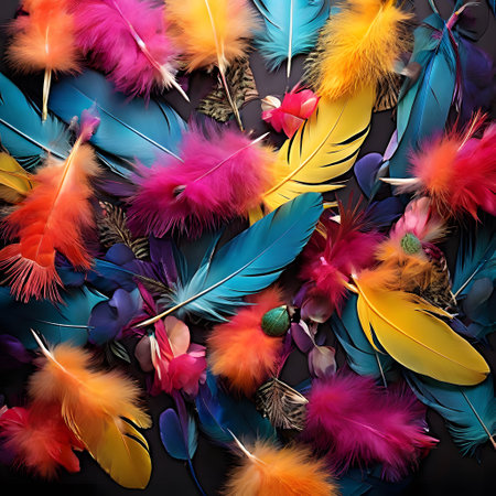 colorful fluffy bird feathers form a dance of colorsの素材