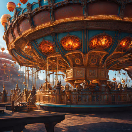 Amusement park with carousels and stallsの素材