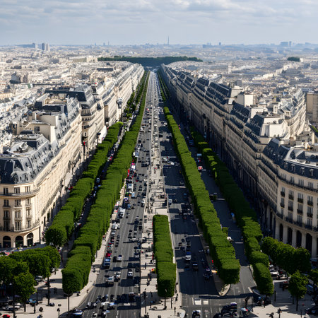 Champs Elysees boulevard in the middle of Paris with the Triumphal Arch and the Eiffel Towerの素材
