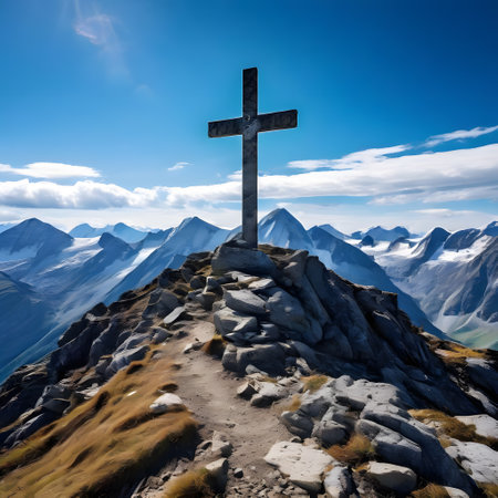 snow-covered mountain peaks in the Alps with summit crossの素材