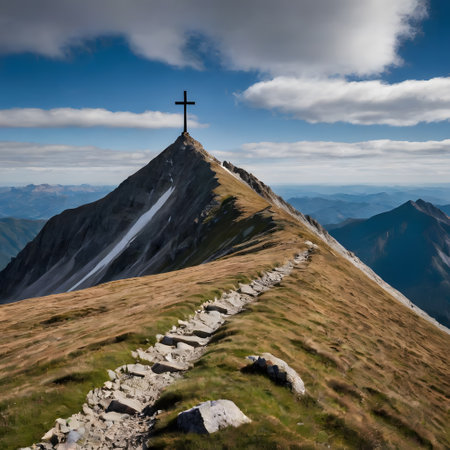 snow-covered mountain peaks in the Alps with summit crossの素材