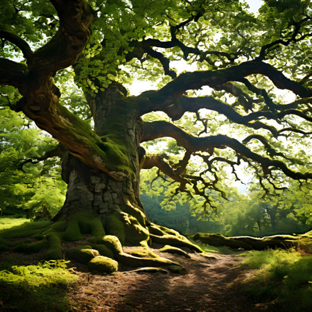 gnarled old oak tree with leaves away from the villageの素材